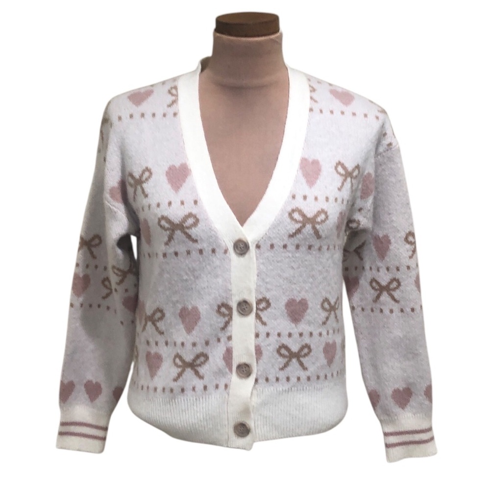 Francesca’s Collection Celebrity Pink Cardigan Sweater Size XS Cream Hearts Bows